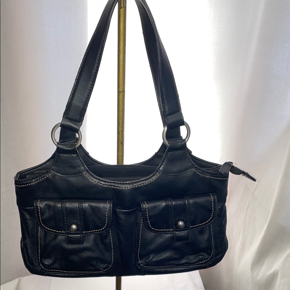 Y2K Shoulder Satchel black leather handbag  with 2 outside flip phone pockets